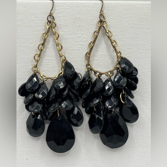 Black Teardrop Beaded Chandelier Earrings with Gold Tone Chain - Picture 1 of 3